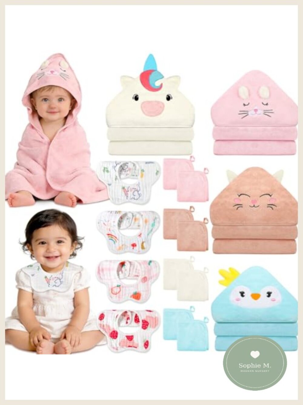 16 Pc Hooded Baby Towels Washcloths Bibs Set Coral Velvet Unicorn